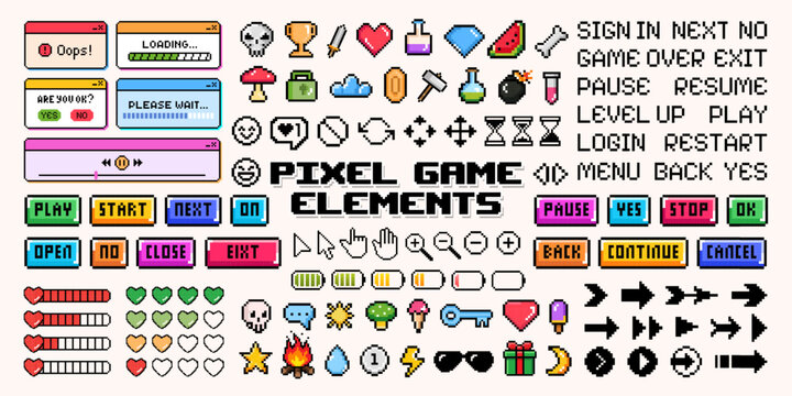 Collection of retro video game element, pixel mobile gaming app icon and halftone frame with comic text. 8 bit computer game interface, menu button, heart, star, arrow, fire and speech bubble symbol.