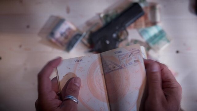 Passport forgery and illegal traffic concept showing hands holding travel documents near a handgun and cash. Cinematic scene depicting dark web activity and criminal identity change.