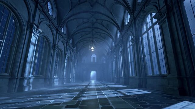POV moving through a dark gothic corridor in a haunted mansion at night with moonlight and fog