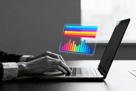 Person using laptop with floating data chart