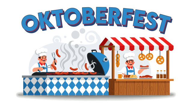 Oktoberfest Celebration: A vibrant illustration depicting a lively Oktoberfest scene, with vendors serving grilled sausages and pretzels under a banner of the iconic festival name.