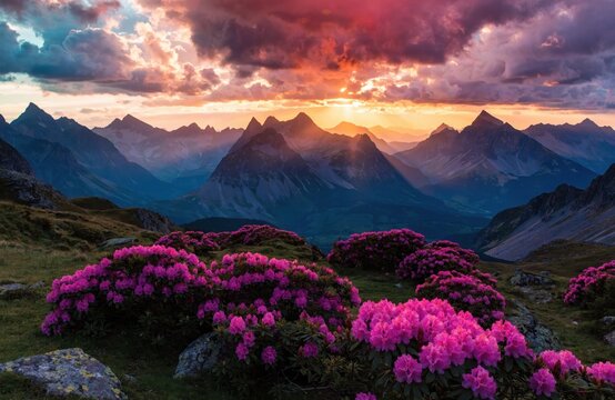 Stunning Alpine Landscape with Pink Rhododendron Flowers at Sunset over Majestic Mountain Peaks in the Alps