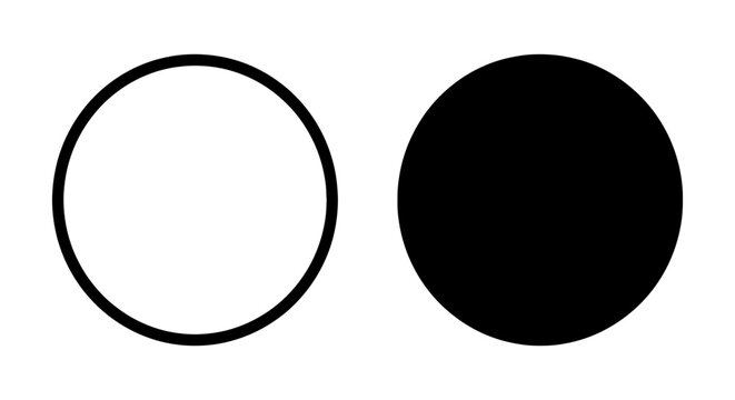 Minimalist black circle icons, geometric round outline and solid fill shapes, vector set of 2