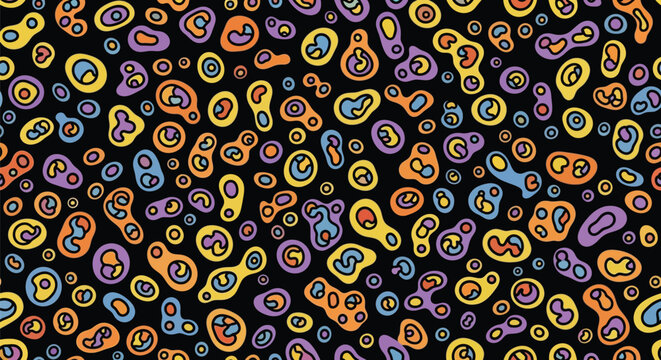 Seamless pattern with organic colorful amoeba cell shapes on black background for microbiology science biology school project or creative fabric textile print.