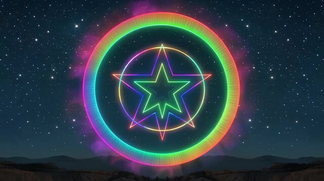 Starry sky background neon five-pointed star pattern neon star ring cosmic background