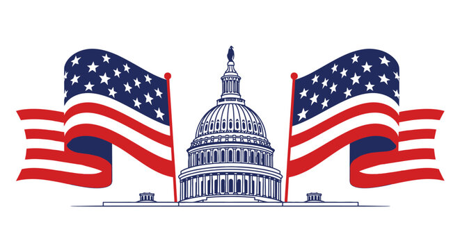 United States Capitol building vector illustration, American flags with stars and stripes, patriotic government architecture for election and political news