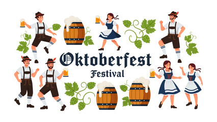 Fototapeta premium Oktoberfest Festival Celebration: A vibrant illustration of a traditional Oktoberfest celebration, featuring Bavarian men and women in traditional attire, holding frothy mugs of beer.