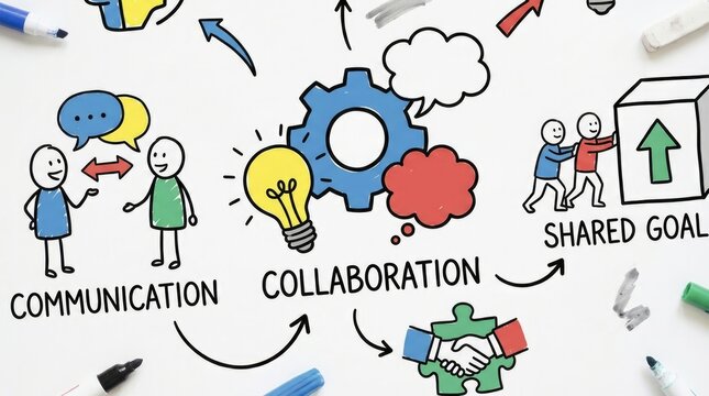 Creative doodle illustrations depicting teamwork and collaboration concepts for effective communication and achieving shared goals