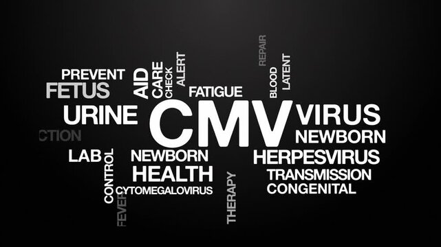 Cytomegalovirus CMV concept Animated Tag Word Cloud kinetic typography, Text Design Animation typography seamless loop video motion graphics Intro Wordart arrangement white type on black background