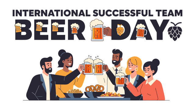 International Beer Day Celebration: A diverse group of colleagues clinks their beer mugs in a toast to International Beer Day, surrounded by pretzels and hops, celebrating camaraderie and good cheer.