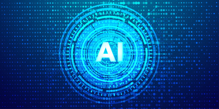 Abstract artificial intelligence background with digital circles and data stream.