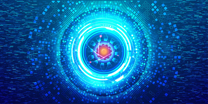 Atomic structure and abstract digital background for scientific exploration.
