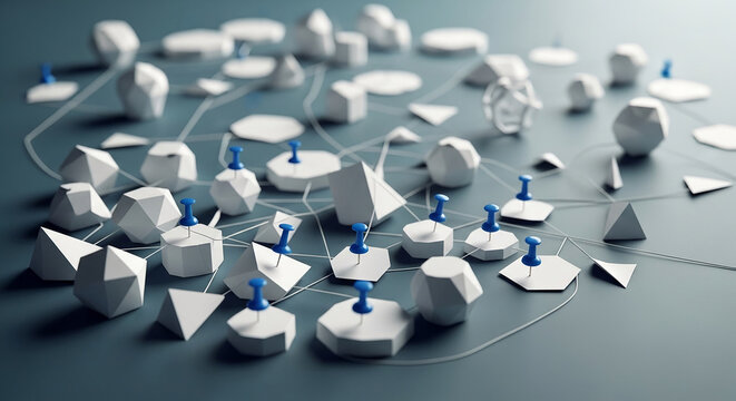 Geometric white shapes with blue pins connected by thin lines, symbolizing network, connection, and data flow, ideal for technology or business concepts