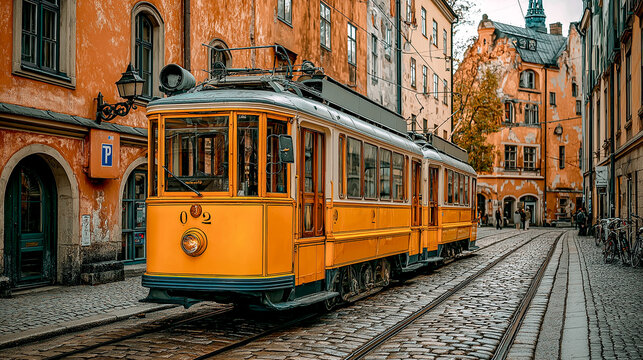 vintage_tram_moving_along_old_European_streets