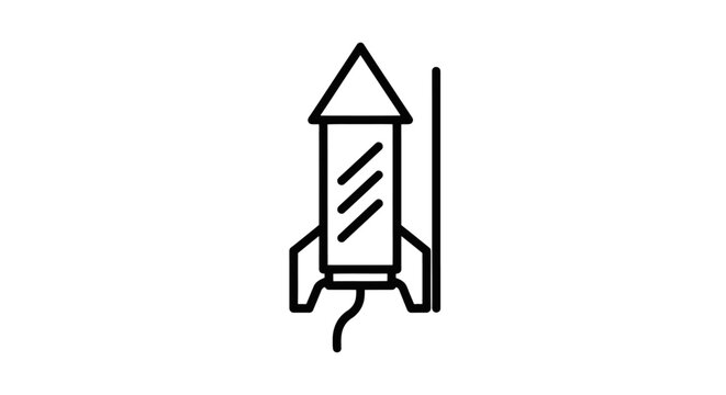 Minimalist firework rocket icon vector, black line art firecracker illustration, celebratory pyrotechnic symbol for holiday events and festivals