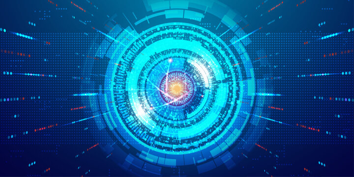 Dynamic futuristic portal with rotating digital rings and orange light center in dark blue space.