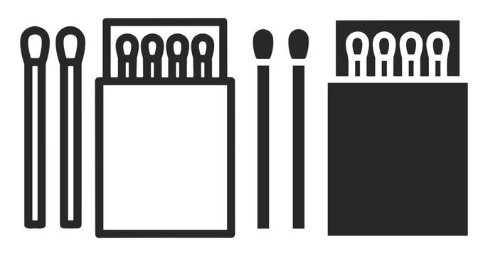 Vector set of matchsticks with open and closed matchboxes black icons on transparent background