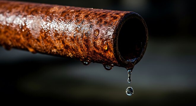 Macro of a weathered rusty metal pipe dripping clear water against a dark background, highlighting decay and, water resource scarcity