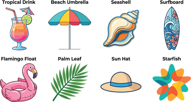 Vibrant beach elements vector collection featuring tropical drink beach umbrella seashell surfboard flamingo float palm leaf sun hat and starfish