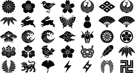 Traditional Japanese kamon crests collection with floral motifs © Monjurul