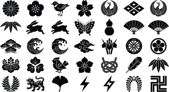 Traditional Japanese kamon crests collection with floral motifs