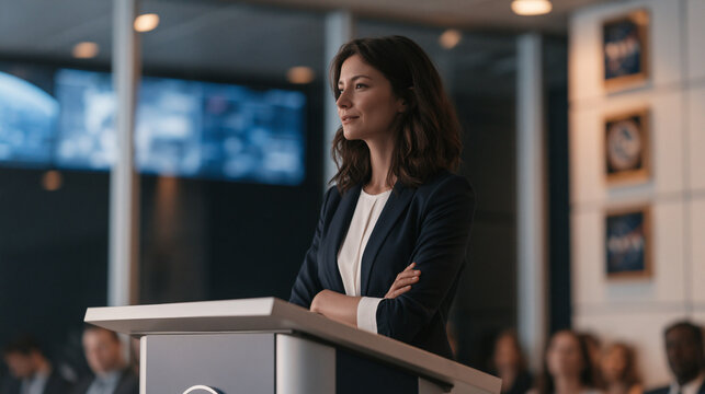 Space agency communications director standing at a podium in a facility briefing room, large mission control screens visible through a glass wall behind her, journalists seated in