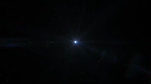 A dynamic blue light burst with optical flare effect and sparkling particles on a black background, creating an abstract cosmic scene.
