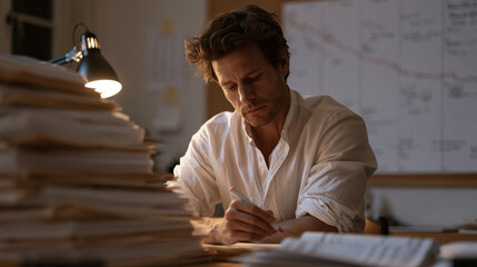 Fototapeta premium Forensic accountant in shirtsleeves surrounded by towering stacks of financial ledgers and printed transaction records using red marker to trace payment trail across timeline