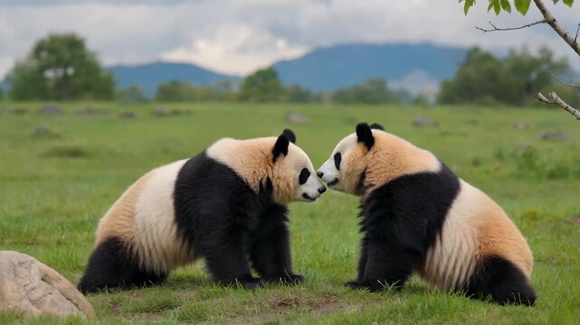 Two giant pandas on the grass look at each other and interact affectionately