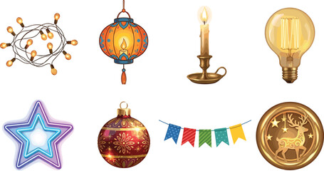 Vector festive celebration and holiday decorations icon set featuring fairy lights lantern candle lightbulb neon star bauble bunting and reindeer ornament © Md