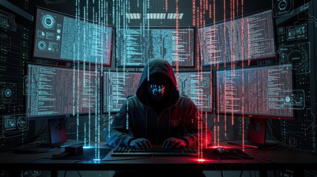 A hooded hacker in a dark room types on a keyboard surrounded by multiple screens displaying code and digital data streams in blue and red hues.