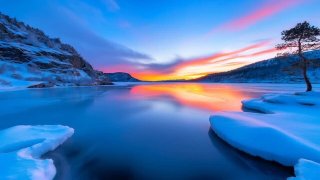 Breathtaking winter lake landscape at sunset with white snow ice floes single pine tree and colorful dramatic sky reflections