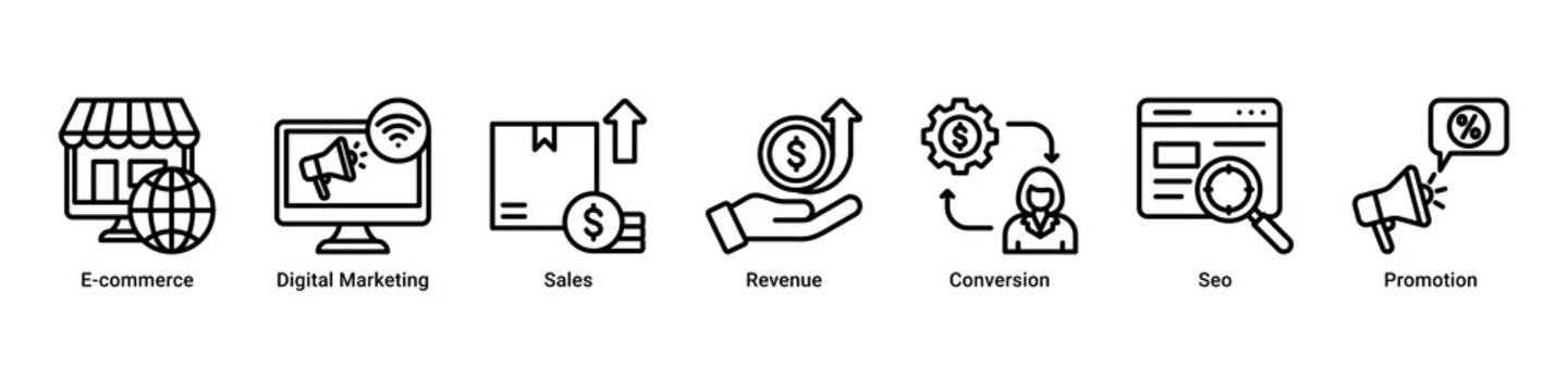 Commerce Growth web banner icon vector illustration with icons of E-commerce, Digital Marketing, Sales, Revenue, Conversion, Seo and Promotion