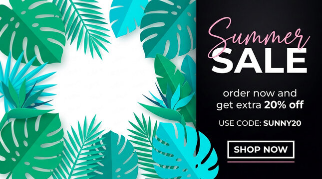 Tropical foliage frames a "Summer SALE" announcement with discount details and a call to action, representing a seasonal promotion.
