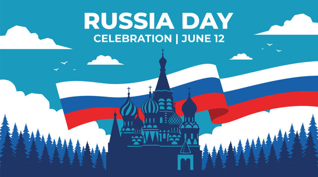 Russia Day celebration poster with moscow kremlin and wavy flag