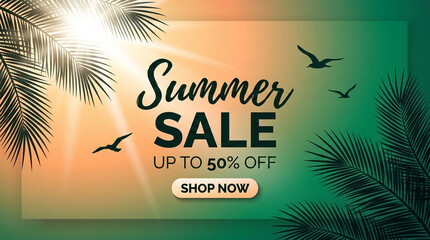 Obraz premium Tropical foliage and sunbeams framing a summer sale announcement, symbolizing vacation deals and warm season shopping