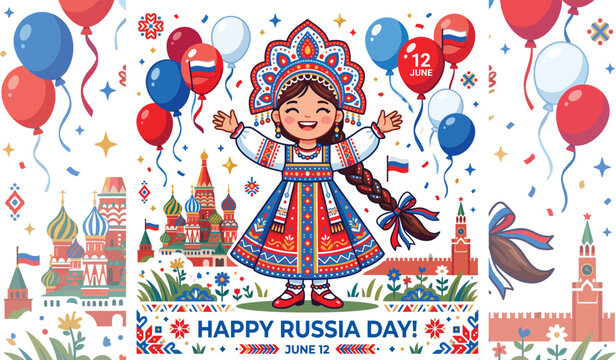 Happy Russia Day vector greeting card with kremlin and traditional girl