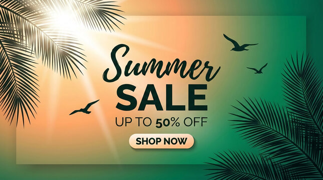 Tropical foliage and sunbeams framing a summer sale announcement, symbolizing vacation deals and warm season shopping