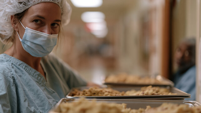 Hospital dietary aide arranges institutional trays in a long corridor, a patient visible through a doorway eyeing the meal with undisguised skepticism, the food beige and uniform