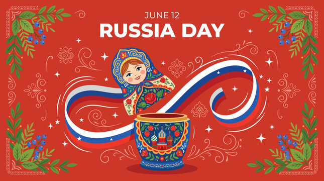 June 12 Russia Day template with matryoshka doll and ribbon flag
