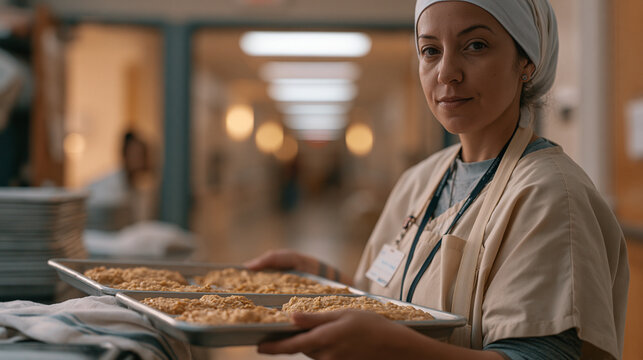Hospital dietary aide arranges institutional trays in a long corridor, a patient visible through a doorway eyeing the meal with undisguised skepticism, the food beige and uniform
