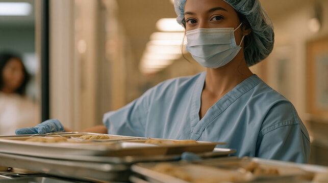 Hospital dietary aide arranges institutional trays in a long corridor, a patient visible through a doorway eyeing the meal with undisguised skepticism, the food beige and uniform