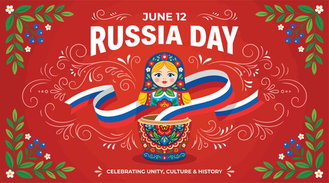 Russia Day celebration banner with flag ribbon and nesting doll