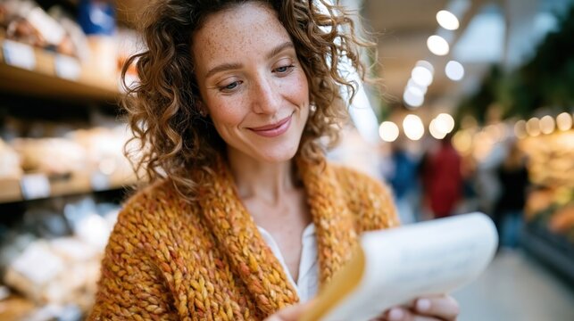 A curly-haired woman smiles softly while reading a grocery list in a busy marketplace, conveying warmth and engagement with her shopping experience.