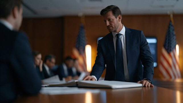 Intelligence officer sliding a sealed classified briefing folder across a polished wood table inside a windowless secure conference room, suited attendees reviewing redacted