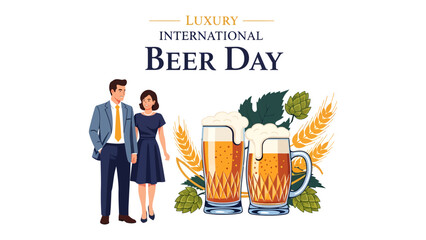 Celebrating International Beer Day: A sophisticated couple stands beside two frothy glasses of beer, accompanied by hops and barley, symbolizing the joy of International Beer Day. © Nazida