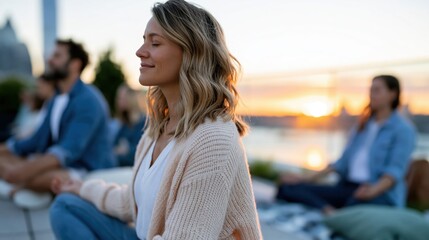 Fototapeta premium A calm woman meditates peacefully during sunset, enveloped in a serene atmosphere that highlights mindfulness, relaxation, and personal growth in a group setting.