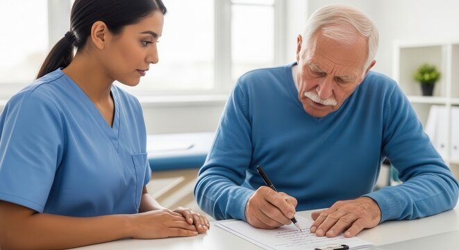 Nurse assisting elderly man filling out medical form in bright clinic setting