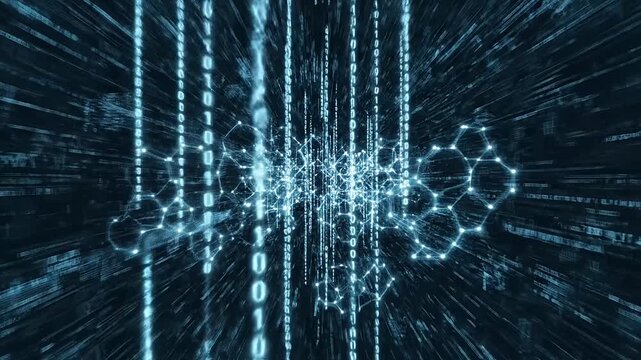 Abstract blue binary code stream flowing in digital space