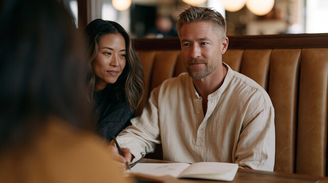Startup founder sits across from a potential first customer at a restaurant booth, leaning in with a prototype on the table between them, asking open-ended questions and recording